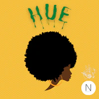 a woman with an afro and the word'hue'on a yellow background